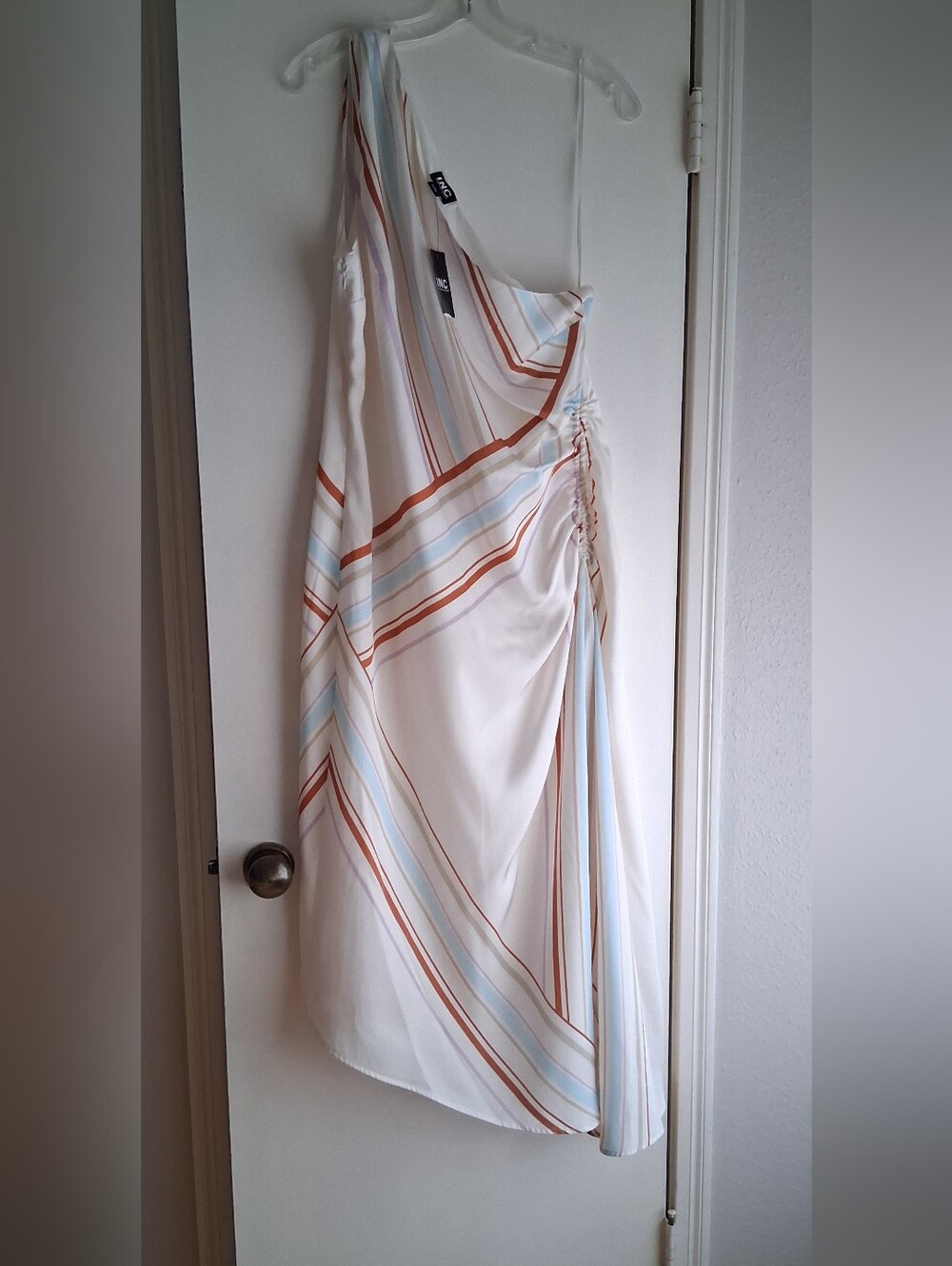NWT INC One-Shoulder White Striped Ruched Dress